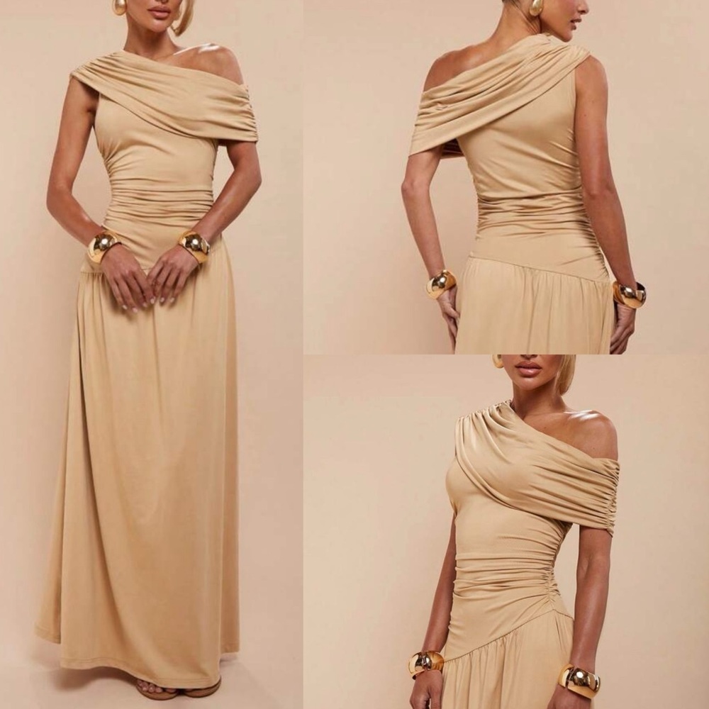 Beige tan asymmetrical drop waist maxi dress with off shoulder ruched sleeve